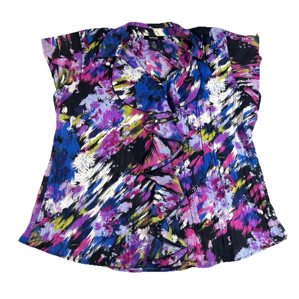 STYLE & CO Shirt Women's 18W Multicolor Short Sleeve Button Up Blouse Ruffle